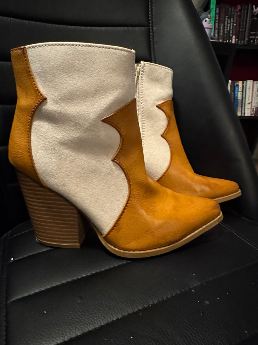 Qupid Two-Tone Leather Tan and Cream Western-Style Ankle Boots